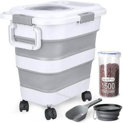 Dog Food Storage Container，10-25 lbs Airtight Collapsible Cat Food Storage Container with Attachable Wheels, Portable Handle, Dog Food Scoop for Dog Cat Bird Pet Dry Food Storage Bin Light Grey
