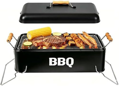 Tabletop Charcoal Grill with Locking Lid & Handles, 16.5" x 9" Travel Size