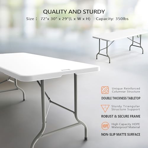 VINGLI 8 Foot Plastic Folding Table Portable Long Table for Indoor Outdoor Use Rectangular with Carrying Handle，White