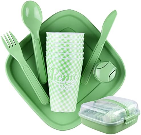 Tribello Camping Picnic Dishes Set with Case, 32 Plastic Reusable Cutlery - BPA Free, Microwave / Dishwasher Safe