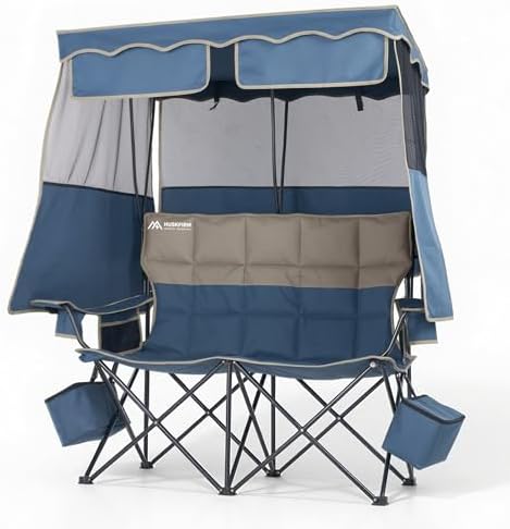 Padded Double Camping Chair With Canopy,Folding Chair Support 450LBS, Blue