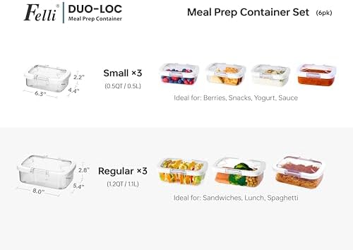 Felli Duo Loc Tritan Containers for Reheating Microwave Safe Box, Airtight Food Storage for Fridge Freezer, On The Go Lunch Container for Adults for Weekly Meal Plan Picnic Travel (6pk)