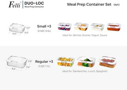 Felli Duo Loc Tritan Containers for Reheating Microwave Safe Box, Airtight Food Storage for Fridge Freezer, On The Go Lunch Container for Adults for Weekly Meal Plan Picnic Travel (6pk)