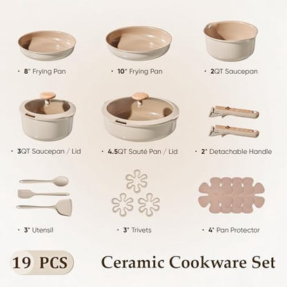CAROTE Ceramic Pots and Pans Set, Cookware Set Detachable Handle, 19 Pcs Induction Kitchen Cookware Sets Non Stick with Removable Handle, RV Cookware Set, Oven Safe, Elegant White, Mothers Day Gifts