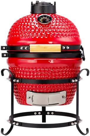 13" Portable Round Ceramic Charcoal Grill,Outdoor Barbecue Smoker,Heavy Duty Outdoor BBQ Grill,Vertical Camping Barbecue Grill,with Built-in Thermometer,for Garden Patio Beach Backyard (Red)