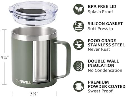 SUNWILL Travel Coffee Mug with Lid, Insulated Tumbler with Handle, 14 oz Stainless Steel Cup for Home, Office, Camping, Powder Coated Camp Green