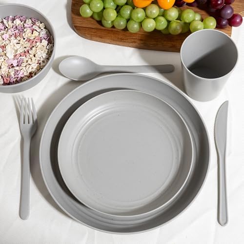 LIYH 28 Pcs Kitchen Plates and Bowls Set, Wheat Straw Dinnerware Sets, Unbreakable Plates and Bowls Sets for 4, Reusable Plate Wheat Straw Dishes Set for Daily & Camping, Light Grey Kitchen Decor