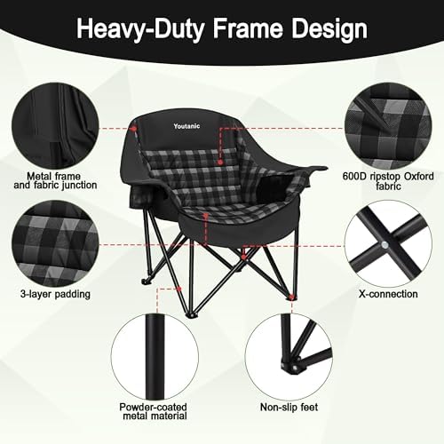 Youtanic Oversized Large Padded Camping Chair, 400 lbs Foldable Lawn Chair