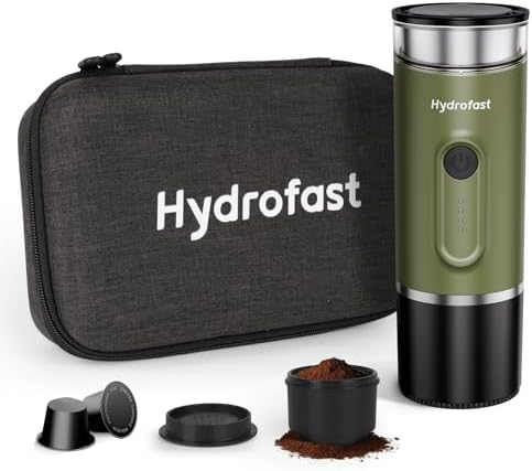 PO100 Portable Electric Espresso Machine, Self-Heating Travel Coffee Maker, Dual Use for Ground & Nespresso Capsules, Portable Coffee Brewer for Camping Car Office