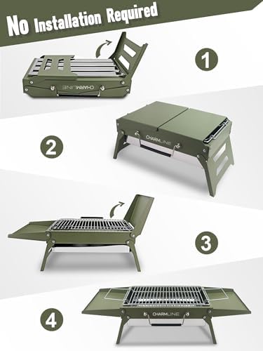 Charmline 14 x 9 inches Small Portable Charcoal BBQ Grill, Foldable Compact Camping Barbecue for 1–3 People, Ideal for Camping, Tailgating, Beach, Picnic & Tabletop Use, Green