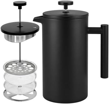 French Press Coffee Maker, 304 Grade Stainless Steel French Press with 2 Extra Filters for Home, Office, Travel, Camping - 34OZ/2 Litre (Black)