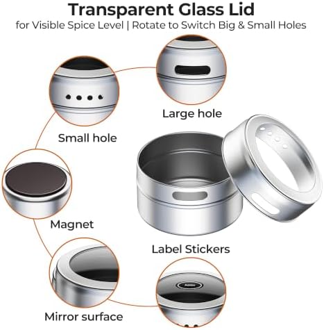 Vetacsion Set of 16 Magnetic Spice Tins with 4 Metal Wall-Plates,120 Preprinted Seasoning Label Stickers,2 Styles for 3 oz Herb Jars