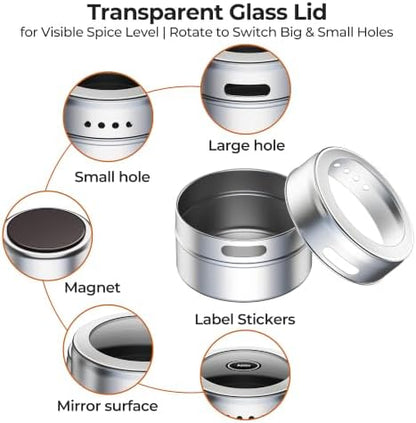Vetacsion Set of 16 Magnetic Spice Tins with 4 Metal Wall-Plates,120 Preprinted Seasoning Label Stickers,2 Styles for 3 oz Herb Jars