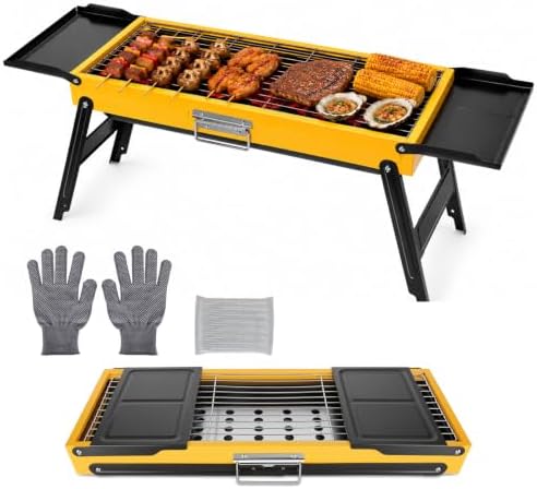 Portable Charcoal Grill Stainless Steel, Small Foldable BBQ Suitcase with Portable Side Shelves & Heat Resistant, Lightweight Tabletop Barbecue for Camping Picnic Backyard Beach Travel