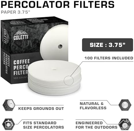 COLETTI Percolator Coffee Filters — Disc Coffee Filters For Percolators – For Bozeman, Butte, & Scoutmaster Camping Coffee Makers – Perfectly Tasteless, Mesh Filter [100 pack, Paper, 3.75”]