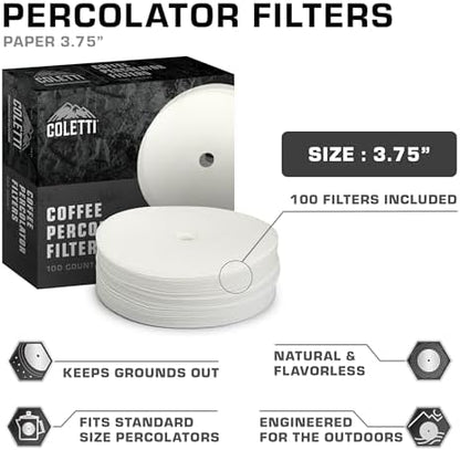 COLETTI Percolator Coffee Filters — Disc Coffee Filters For Percolators – For Bozeman, Butte, & Scoutmaster Camping Coffee Makers – Perfectly Tasteless, Mesh Filter [100 pack, Paper, 3.75”]