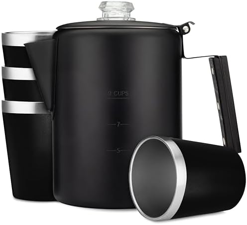 COLETTI Bozeman & Scouts Coffee Serving Sets — Percolator Coffee Pot Camping Coffee Maker & Double Walled Stainless Steel Cups — NO Aluminum or Plastic [9 Cup Percolator, 10 oz Cups] (Black)