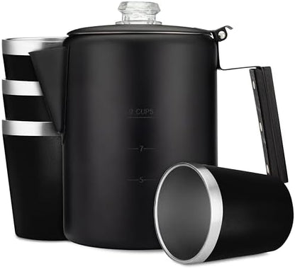COLETTI Bozeman & Scouts Coffee Serving Sets — Percolator Coffee Pot Camping Coffee Maker & Double Walled Stainless Steel Cups — NO Aluminum or Plastic [9 Cup Percolator, 10 oz Cups] (Black)
