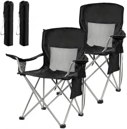 HULKFIT 2 Pack Folding Camping Chair – Heavy Duty Portable Outdoor Beach Chair for Adults with Breathable Mesh Back, Cup Holder & Carry Bag – Ideal for Backyard, Tailgating, Hiking & Travel,Black