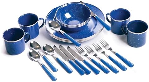 Stansport Deluxe 24-Piece Enamel Tableware Set - Enamel Plates and Bowls Lightweight and Durable Camp Dish Set for Camping and Backpacking Plates and Bowls for 4 People