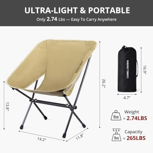 CAMEL CROWN Portable Camping Chair Lightweight Compact Folding Chair Mesh for Outdoor Camp Travel Beach Picnic Festival Hiking Backpacking (Brown, 1 Pack)