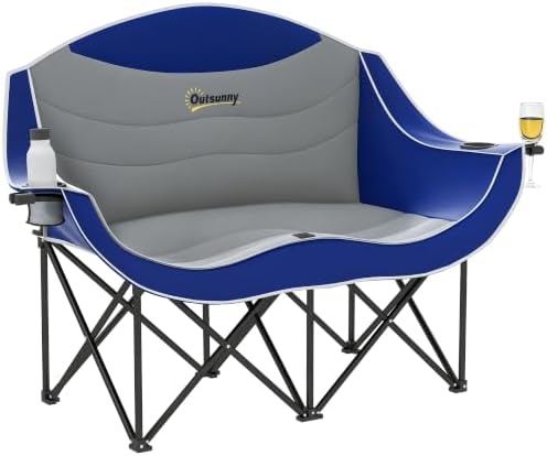Outsunny Double Camping Chair for Adults, Padded Folding Camp Chair for 2 Person with Armrest, Wine Glass Holder, Cup Holder, Carry Bag for Outdoor Sports, Picnics, Supports up to 552 lbs.