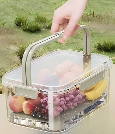 Portable Food Storage Container with Handle, Large Capacity Leakproof Lunch Box with Drain Tray, Clear Airtight Organizer for Fruits, Picnic, Camping & Refrigerator Storage