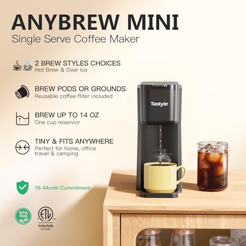 Tastyle Mini Single Serve Hot and Iced Coffee Maker for K Cup and Ground