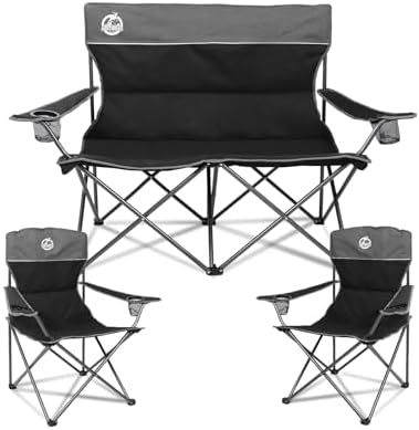Northroad Outdoor Camping Chair Set of 3,Folding Padded Camp Chair w/1 Sofa,2 Single Chairs,Collapsible Conversation Set for Family Patio, Beach (Black)