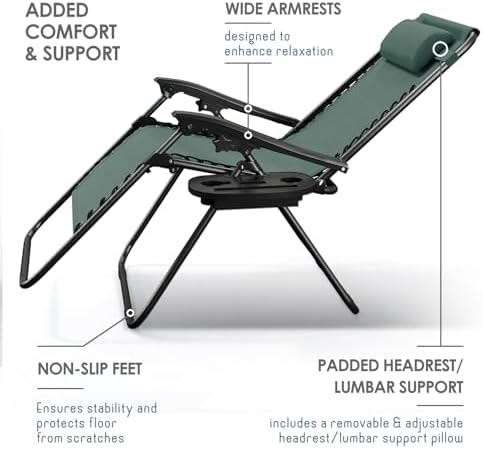 Nestl Zero Gravity Chairs Set of 2, Patio Lounge Chair Outdoor with Pillows & Cup Holder Trays, Adjustable Steel Mesh Reclining Camping Chair, Folding Patio Lawn Chair for Deck, Beach - Forest Green