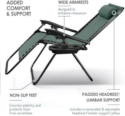 Nestl Zero Gravity Chairs Set of 2, Patio Lounge Chair Outdoor with Pillows & Cup Holder Trays, Adjustable Steel Mesh Reclining Camping Chair, Folding Patio Lawn Chair for Deck, Beach - Forest Green