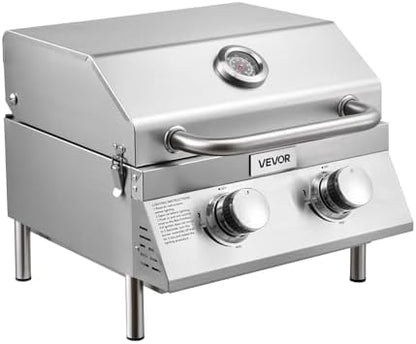 VEVOR Tabletop Gas Grill, 2-Burner Stainless Steel Portable Propane Grill, with Built-in Thermometer, Travel Locks, Weatherproof Lid, 15,000 BTU Total, for Outdoor Cooking, Patio, Party, Camping, RV