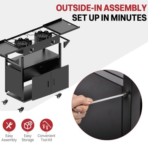 2 Burner Propane Camping Stove Outdoor|150000 BTU|Side Shelf with Cabinet