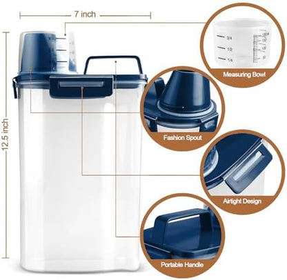 TIOVERY Upgraded Dog Food Storage Container Small, Cat Food Container Airtight, Pet Food Container Dispenser with Pour Spout, Measuring Cup and 4 Seal Buckles for Dogs, Cats, Birds (Blue)