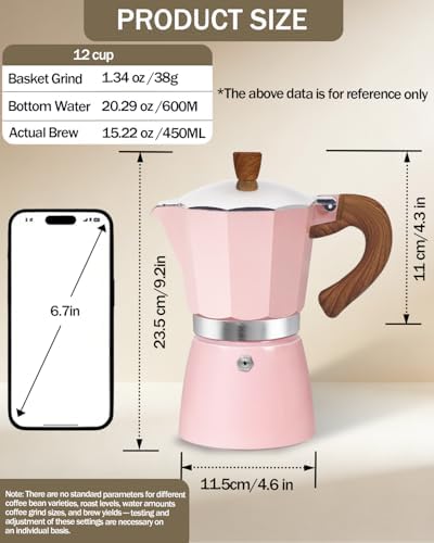 Coffee Maker Stovetop Espresso Maker 12 Cup Aluminum Moka Pot Percolator 20oz 600ml Easy Brewing for Electric Ceramic Stoves Home Camping Italian Cuban Café Classic Pink