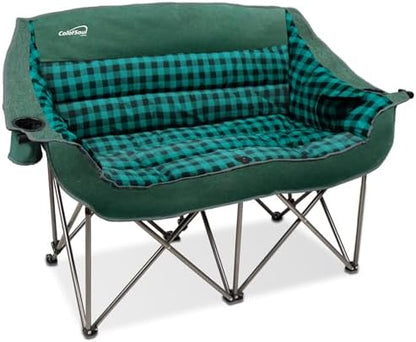 Colorsoul Double Folding Camping Chair,Fully Padded Loveseat Camping Couch,Oversized 2 Person Lawn Chair w/Cup Holder,Wine Glass Holder,Mesh Storage for Patio Picnic Beach,Support 600lbs,Green Plaid