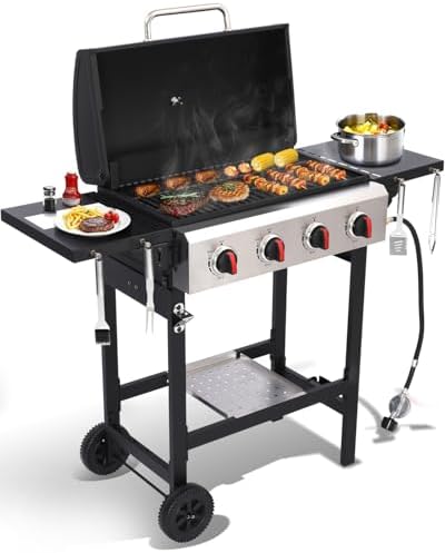 4 Burner Propane Gas Grill, Portable BBQ Grill with Cast Iron Grate & Griddle Pan, Folding Side Table for Camping Backyard, 40000 BTU Easy-Clean Outdoor Cooking