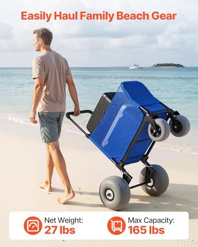 VEVOR Beach Cart, 165LBS Load Capacity, Portable Folding Beach Wagon Dolly with 12" Balloon Wheels for Sand, Storage Bag & 4-Level Adjustable Height for Outdoor Camping Fishing