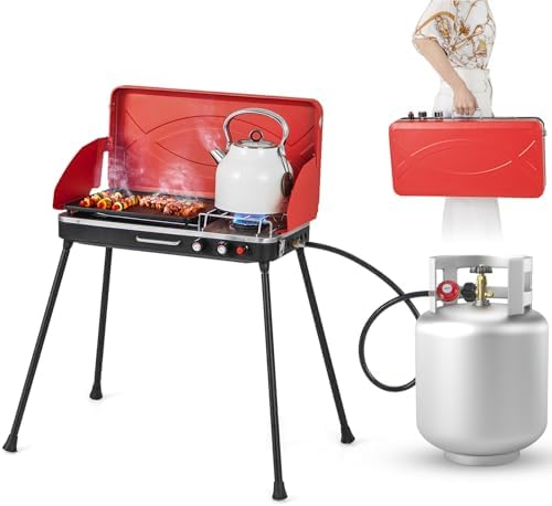LDAILY 2-Burner Portable Gas Grill, Portable BBQ Grill Propane with Removable Legs, 20,000 BTU Dual Cooking Zones, Wind Guard & Foldable Design, Outdoor Camping Stove, Picnics, Party (Red)
