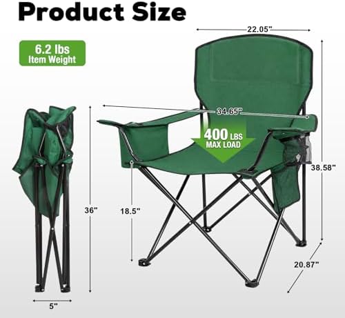 2-Pack Heavy Duty Camping Chairs, 400 LBS Capacity Folding Outdoor Chair with Cooler Bag & Cup Holder, Oversized Portable Lawn Chair for Camping, Fishing, Tailgating, Beach (Green)