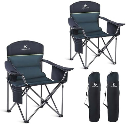Folding Camping Chair Oversized 2 Pack Lawn Chair W/ Cooler Bag, Cup Holder