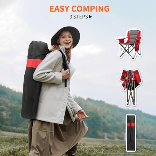 2 Pack Padded Oversized Camping Chairs for Adults,Heavy Duty Support 400 Lbs,Folding Portable Lawn Chair w/Cup Holder,Cooler Bag,Side Pocket,Perfect for Outdoor Picnic,Hiking(Red&Black)