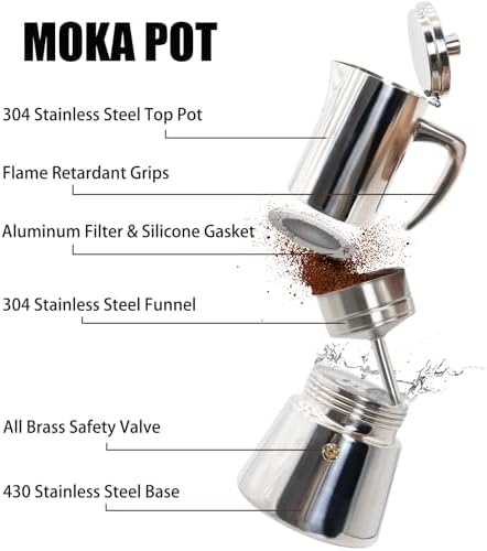 2 Cup Thickened 304 Stainless Steel Moka Pot Stovetop Espresso Maker Cafeteras Italian Percolator Espress Makers Capable Greca Mocha Coffee Machine for Induction Home and Camping 100ml 3.4oz