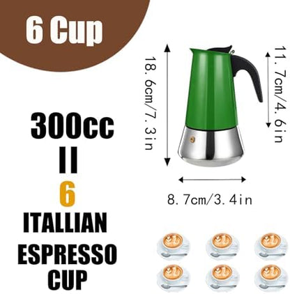 6 Cup Stovetop Espresso Maker Stainless Steel Moka Pot Stove Top Percolator Italian Coffee Makers Capable Mocha Greca Machine Cafe Classic Induction Cookers for Home and Camping 300ml 10oz