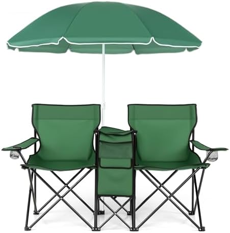 Goplus Double Camping Chairs with Umbrella, Cooler for Beach Patio