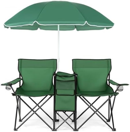 Goplus Double Camping Chairs with Umbrella, Cooler for Beach Patio