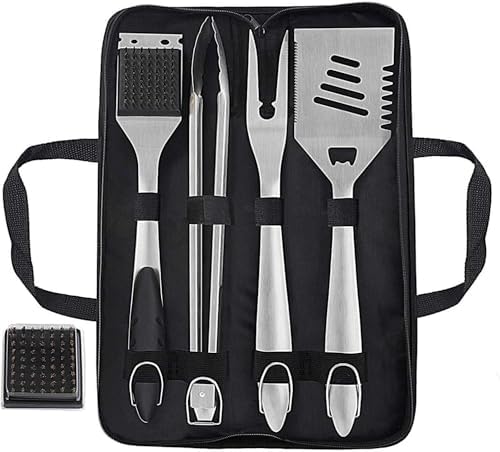 grilljoy 8PCS BBQ Grill Tools Set with Extra Thick Stainless Steel Spatula, Fork, Tongs & Cleaning Brush - Complete Barbecue Accessories Kit with Portable Bag - Perfect Grill Gifts for Father's Day