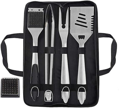 grilljoy 8PCS BBQ Grill Tools Set with Extra Thick Stainless Steel Spatula, Fork, Tongs & Cleaning Brush - Complete Barbecue Accessories Kit with Portable Bag - Perfect Grill Gifts for Father's Day
