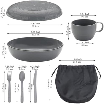 Berglander Camping Mess Kit with Bowl, Plate, Cup, Spoon, Fork, Knife and Carry Bag, Plastic Camping Accessories Essentials Gear for Travel, Camping, Picnic, Outdoor, Easy to Carry & Store