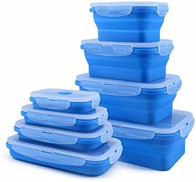 4 Pack Collapsible Silicone Food Containers Storage Lunch Bento Box with Lid BPA Free for Camping, Hiking (Blue, 4PC)